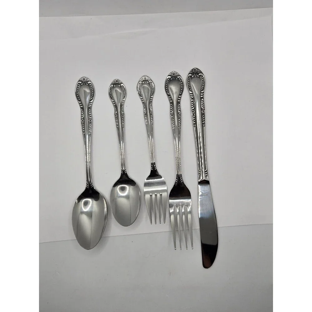 Vintage Stainless Flatware Spoon Knife Fork Columbia Japan Beaded Edge Set of 20